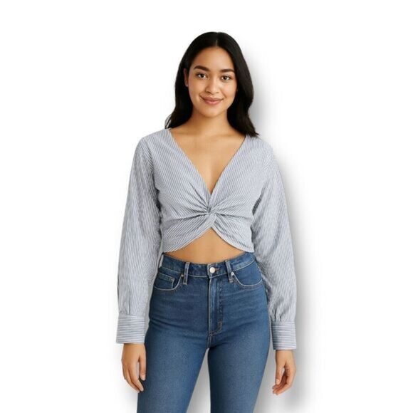 Abercrombie XXS Blue Striped Cotton Twist Front Crop Top Y2K Cottagecore Preppy - Picture 1 of 11
